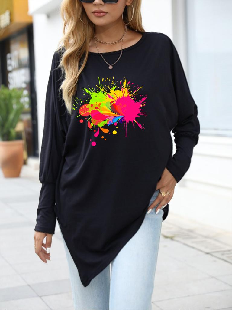 Women's Oversize Long-Sleeve Spring/Fall Asymmetrical Hem T-Shirt Fashion Printed Logn Sleeve Top