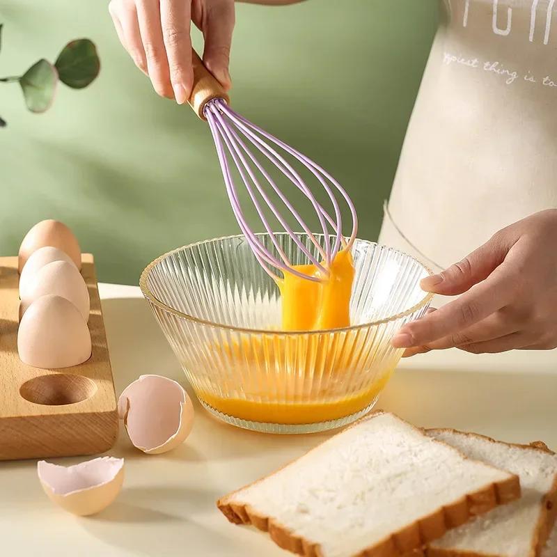 Silicone Manual Egg Beater Wooden Handle Egg Whisk Manual Egg Mixing Stirrer Kitchen Egg Tools Cream Blending Baking Gadgets