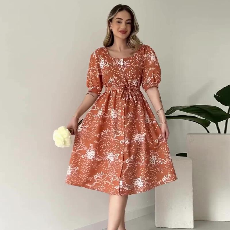 Summer 2024 Euro-American Square Neck Puff Sleeve Tie Waist Dress for Women