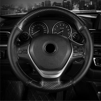 38CM Deluxe Black Carbon Fiber & Leather Car Steering Wheel Cover Trim Universal