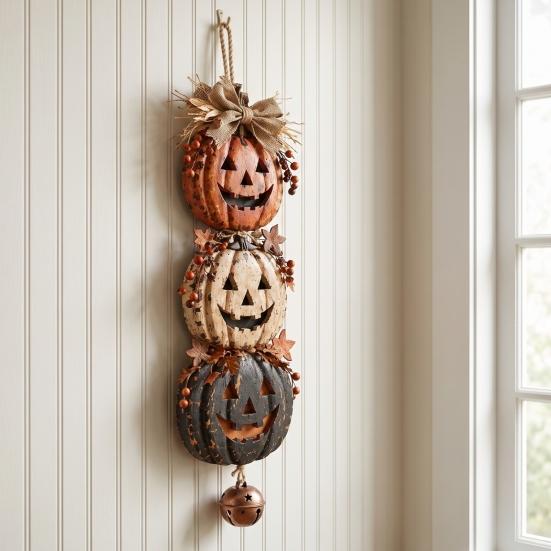 Durable Composite Resin Craft Halloween Stacked Pumpkin Door Hanger, Vintage Jack‑O‑Lantern Wall Hanging Ornament, Farmhouse Fall Home Accents