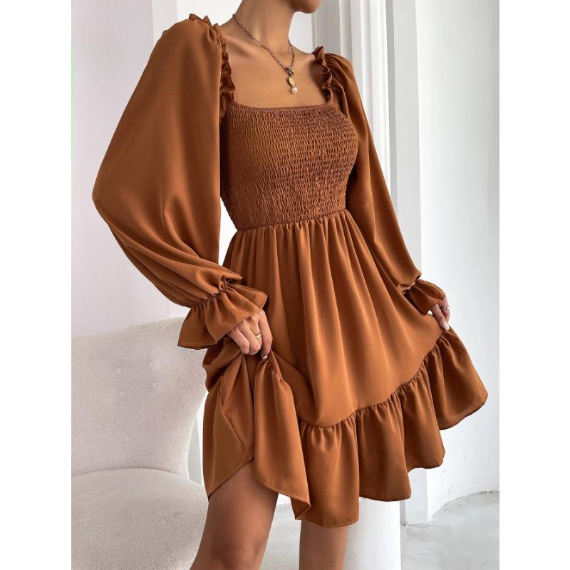 Women Square Neck Long Puff Sleeve Smocked Ruffle Hem Mini Dress