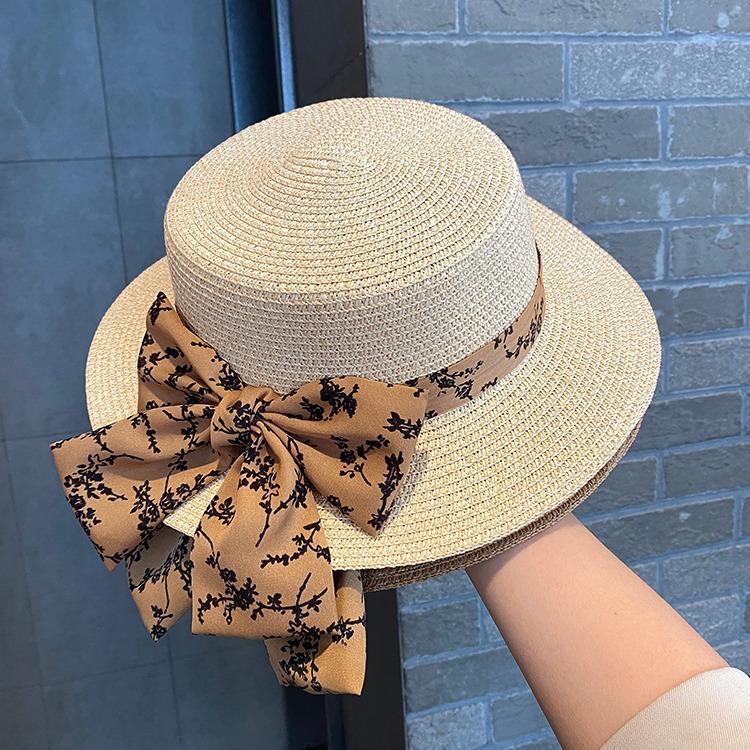 Bow Flat Top Top Hat UV Protection Versatile Casual Straw Hat Women's Summer Seaside Vacation Beach Hat
