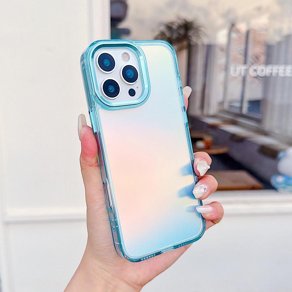 KEYSION Fashion Laser Gradient Colorful Phone Case for iPhone 16 Pro Max Soft TPU+PC Shockproof Back Cover for iPhone 16 Plus