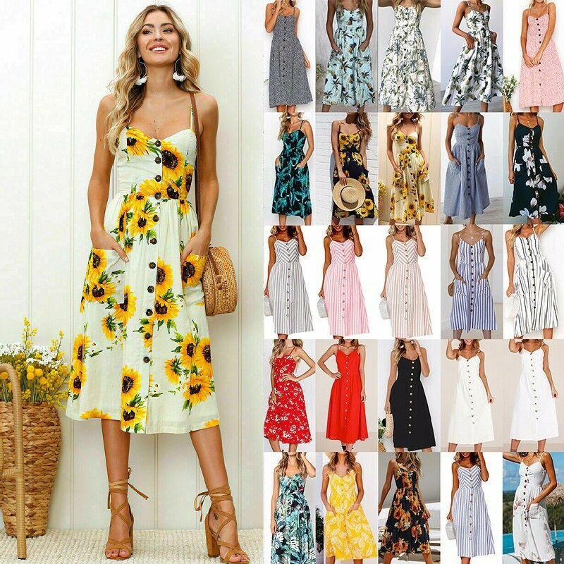 Stylish Boho Women's Summer Beach Midi Dress With Strappy Design And Button Pockets