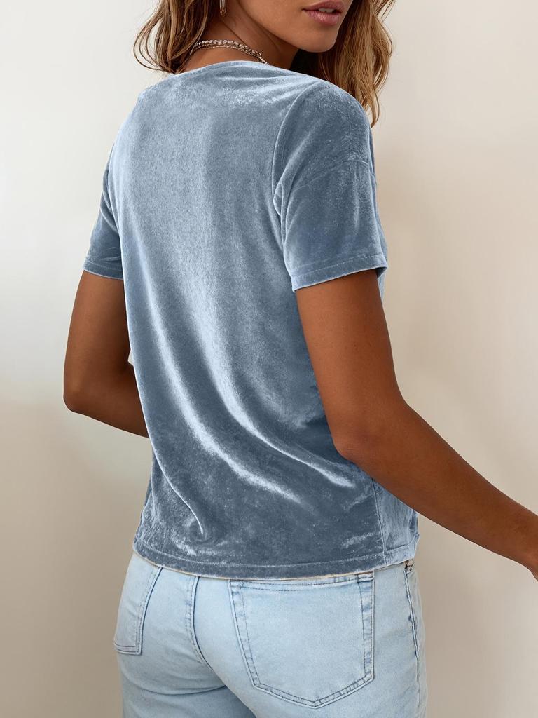 2025 Women's Velvet Swing Collar Short Sleeve Solid T-shirt
