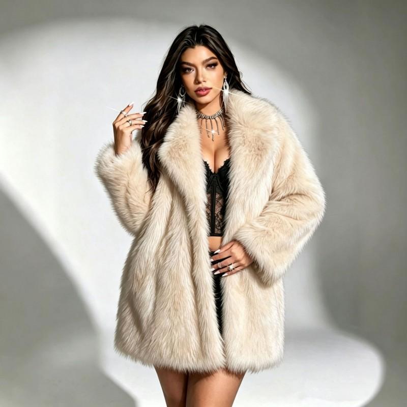 Womens Mid-Length Faux Fur Coat Blazer Collar Thick Warm Winter Outerwear