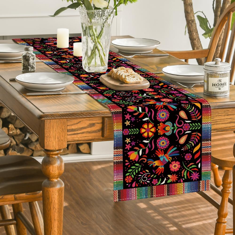 Mexican Day of The Dead Linen Table Runner Home Decor Washable Mexico Dia De Los Muertos Table Runners Fiesta Party Decorations