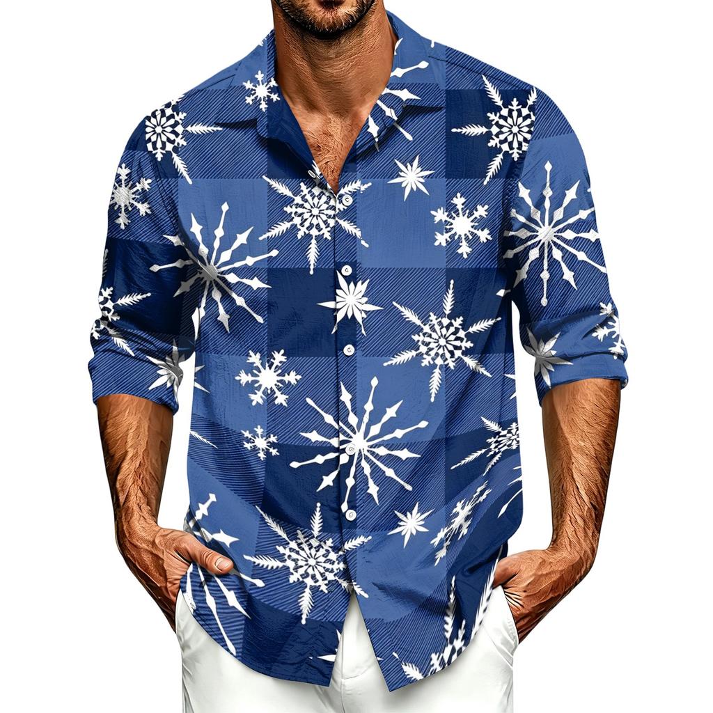Men's Casual Long Sleeve Button Down Shirt with Christmas Print for Fall and Winter