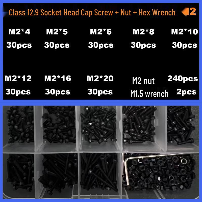 360-Piece High Strength Grade 12.9 Internal Hex Socket Screw and Hex Nut Set (M3, M4, M5, M6)