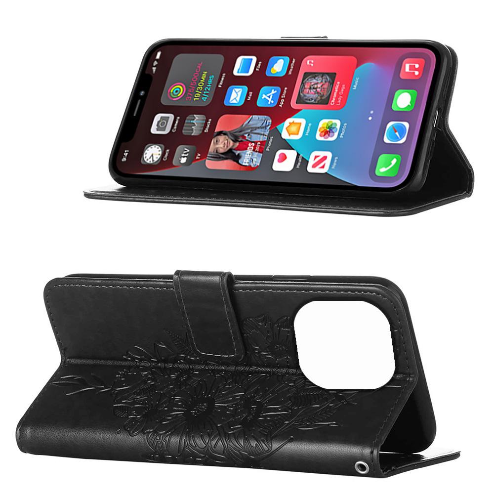 Applicable to iPhone14 mobile phone leather case 14Pro butterfly embossed solid color protective case 14Max card wallet