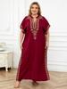 EDOLYNSA Embroidered Red Kaftan Women's Fashionable Robe Boho V-neck Batwing Sleeve Beach Maxi Dress Holiday Cozy House Robe