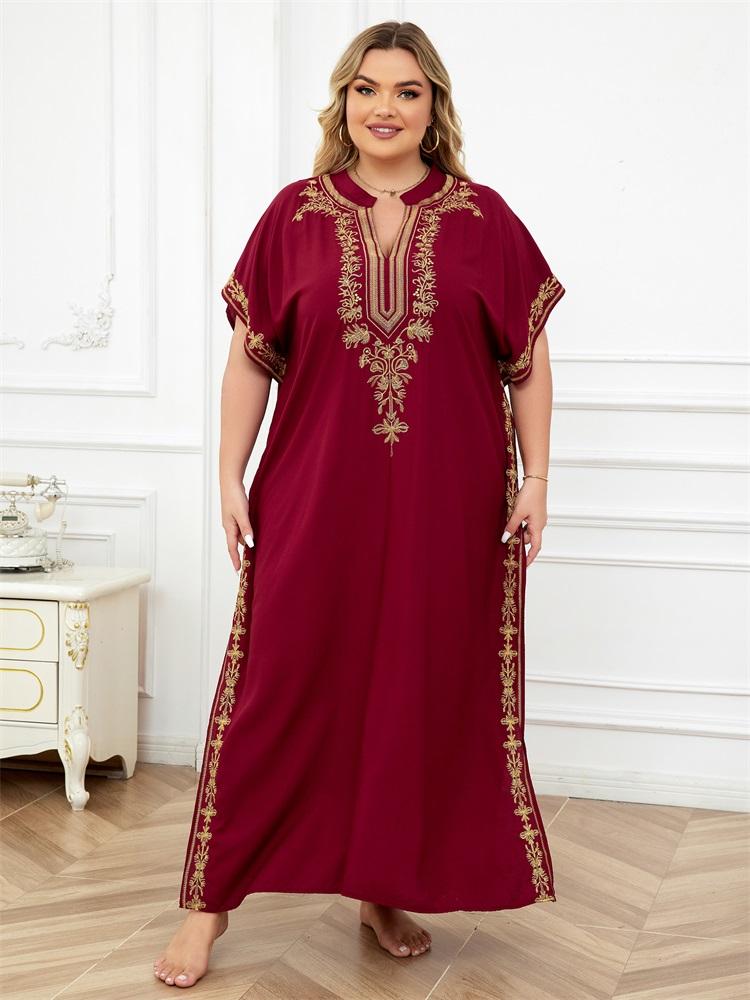 EDOLYNSA Embroidered Red Kaftan Women's Fashionable Robe Boho V-neck Batwing Sleeve Beach Maxi Dress Holiday Cozy House Robe