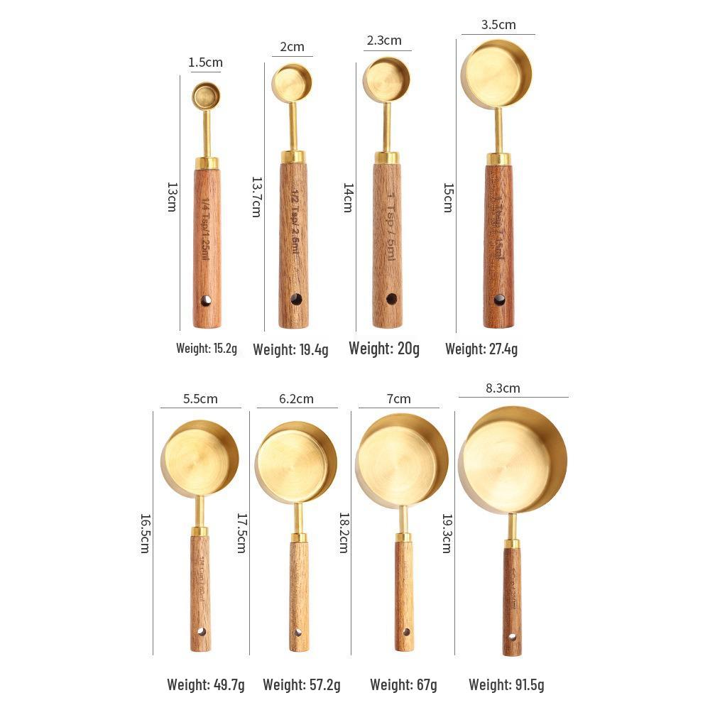 Gold Stainless Steel Measuring Cups & Spoons Set with Acacia Wood Handles - 8-Piece Baking Tool Set