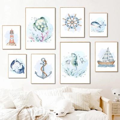 Sailboat Lighthouse Turtle Seahorse Whale Coral Nursery Wall Art Canvas Painting Posters And Print Wall Pictures Kids Room Decor