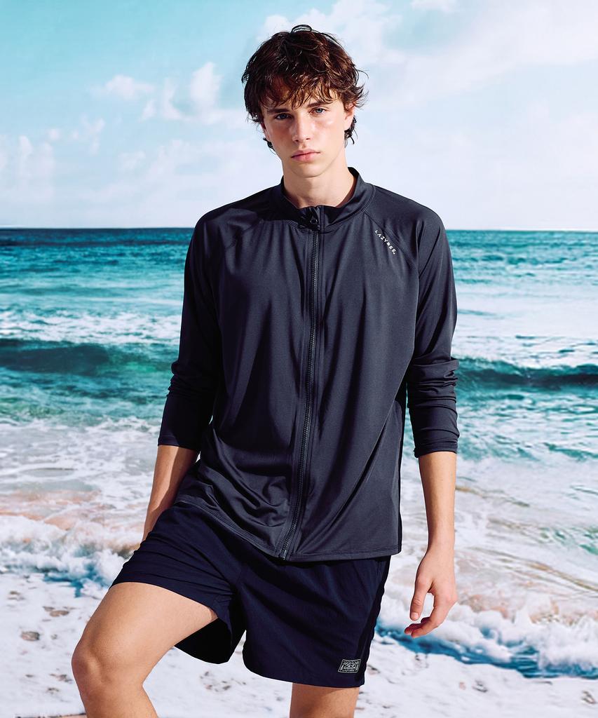 Leijibi [Set] Essential Loose Fit Long Sleeve Zip-Up Rash Guard + Swimsuit Shorts Set W (6 Colors) (B Type)