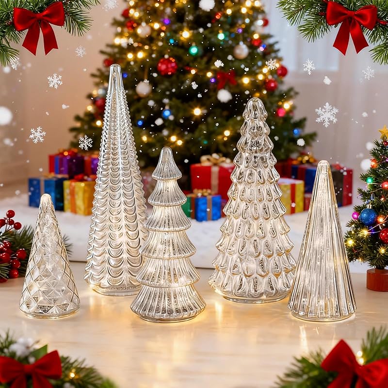 

5 шт. Светящиеся рождественские елки из ртутного стекла со светодиодной подсветкой, настольный декор для рождественской домашней вечеринки, центральный элемент, настольный камин серебряный