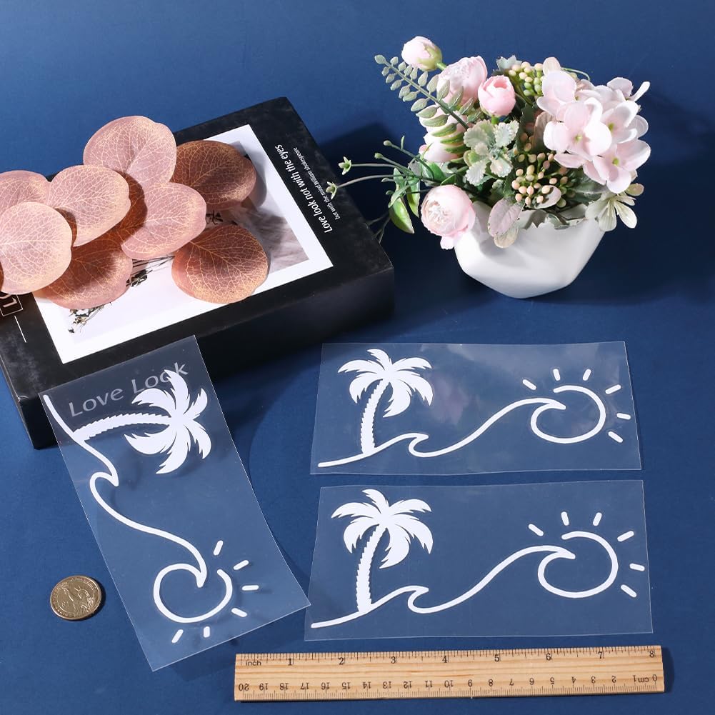 GORGECRAFT 4 Sheets Sunset Graphics & Decals Sun and Wave Decal Palm Trees Wall Decal Waterproof Reflective Coconut Tree with Sun Car Decorative