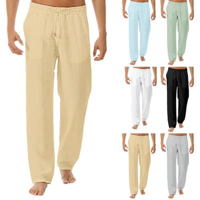 Men Cotton Linen Loose Mid Waist Fashion Straight Pants Comfortable Solid Trousers Soft Sweatpants Casual Pockets Joggers Sports
