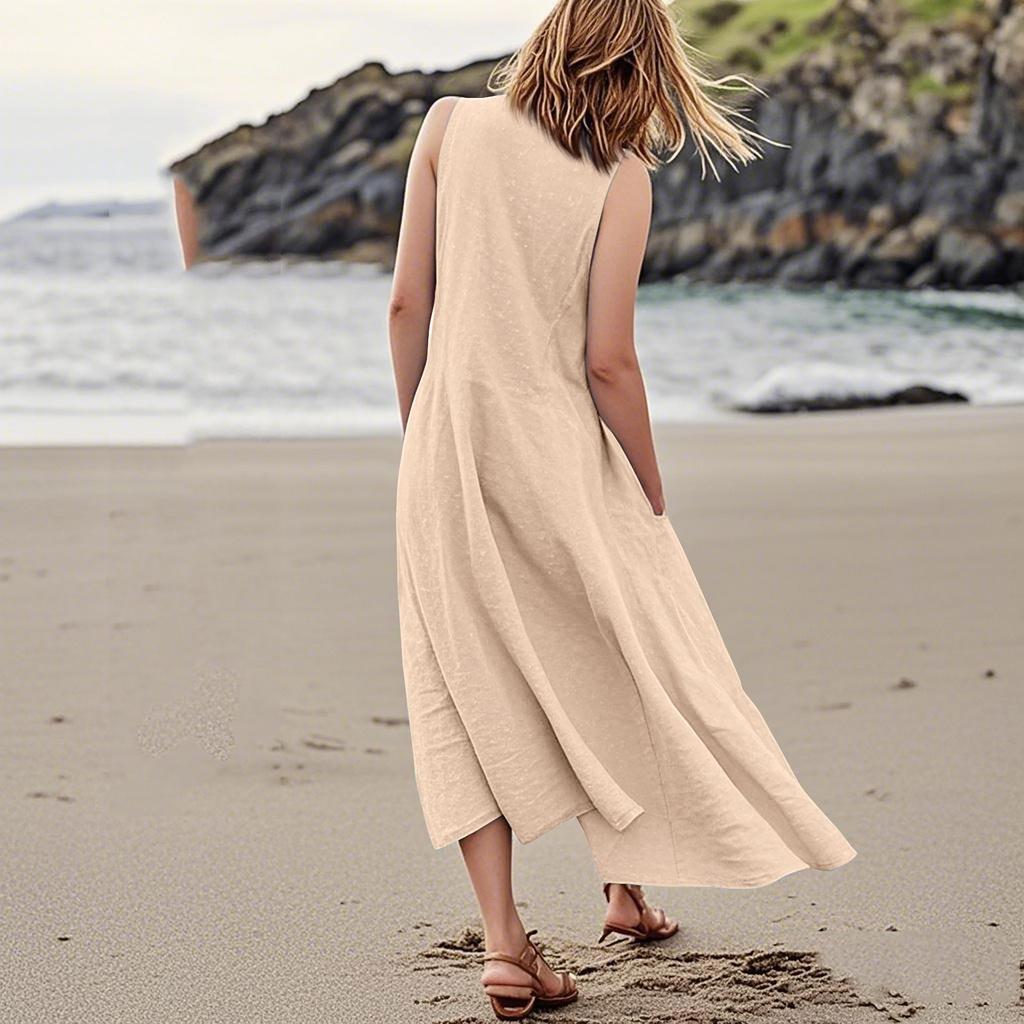 Women's Casual Colour Round Neck Sleeveless Cotton Pocket Dresses