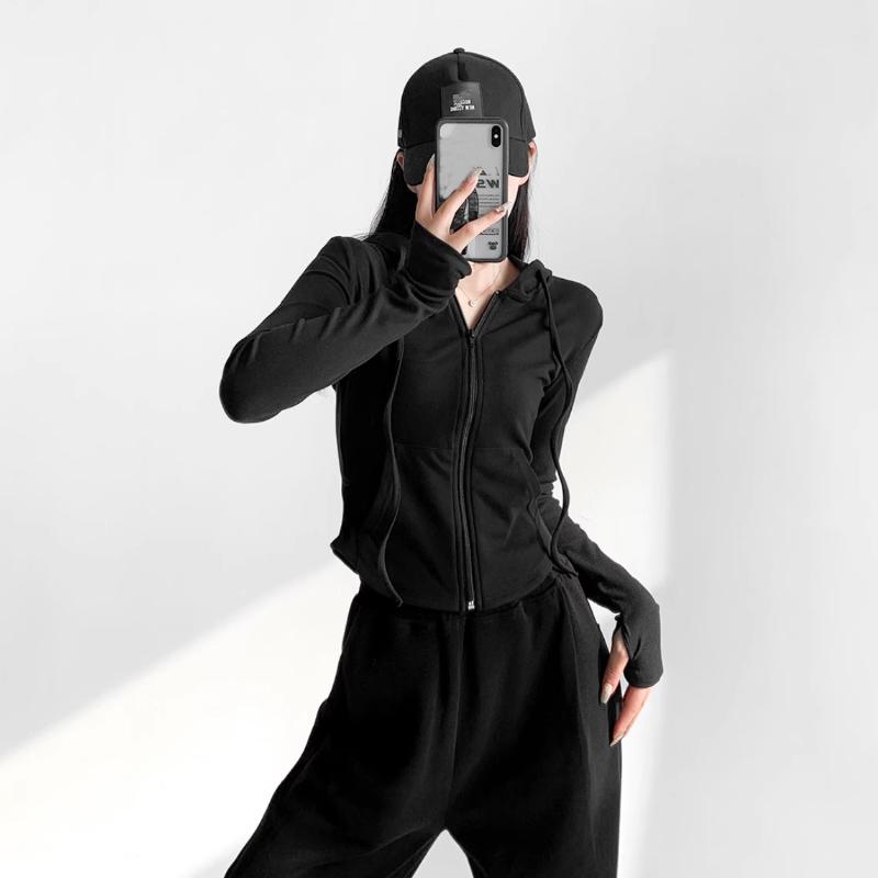 Podzimní móda zkrácené mikiny Dámská mikina s kapucí na zip Korejská módní mikiny Roztomilé s kapucí s dlouhým rukávem Crop Top Sexy Slim