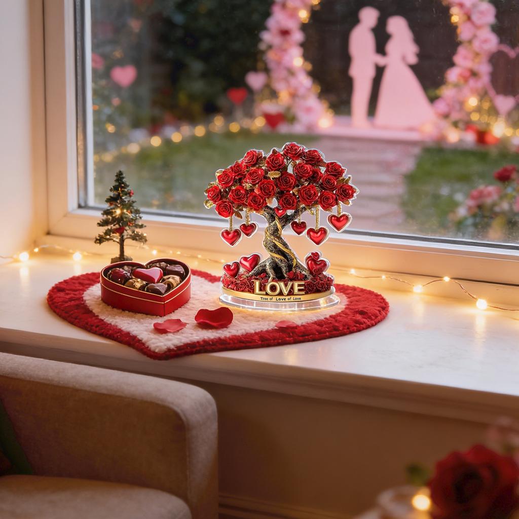 Valentine's Day Rose Tree With Heart Table Decoration,2D Flat Acrylic Ornament For Desktop Mantel Kitchen Decor Holiday Winter Party Gifts