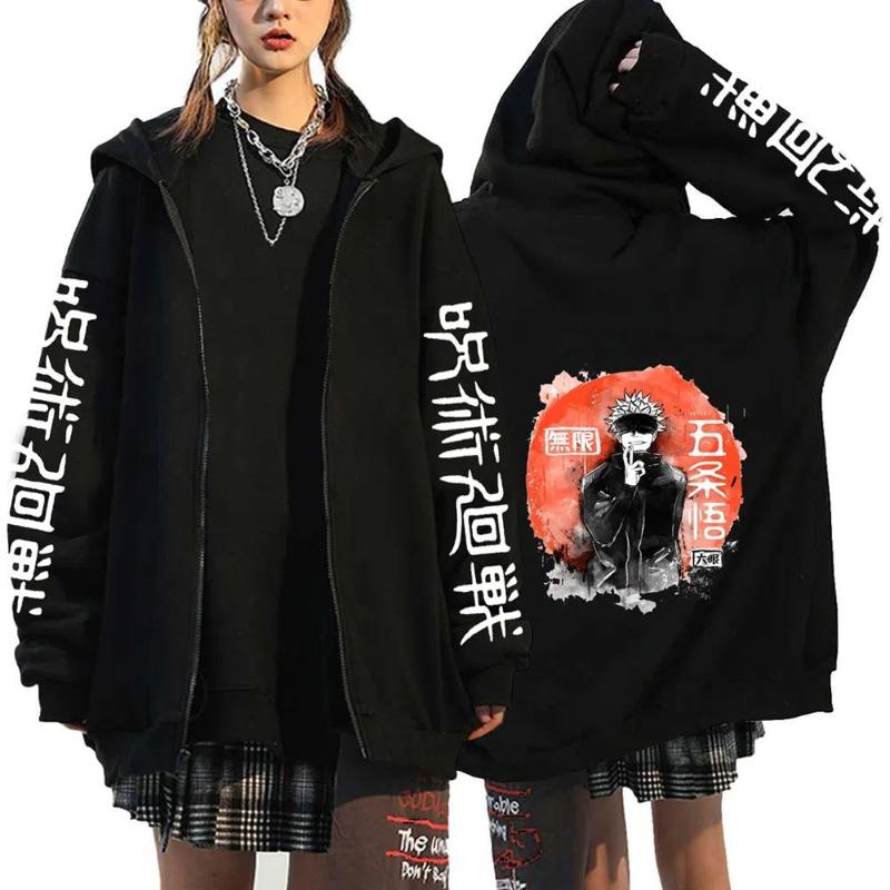 Jujutsu Kaisen Gojou Satoru Print Women Casual Zipper Hoodie Winter Extra Large Long Sleeves Zipper Sweatshirt