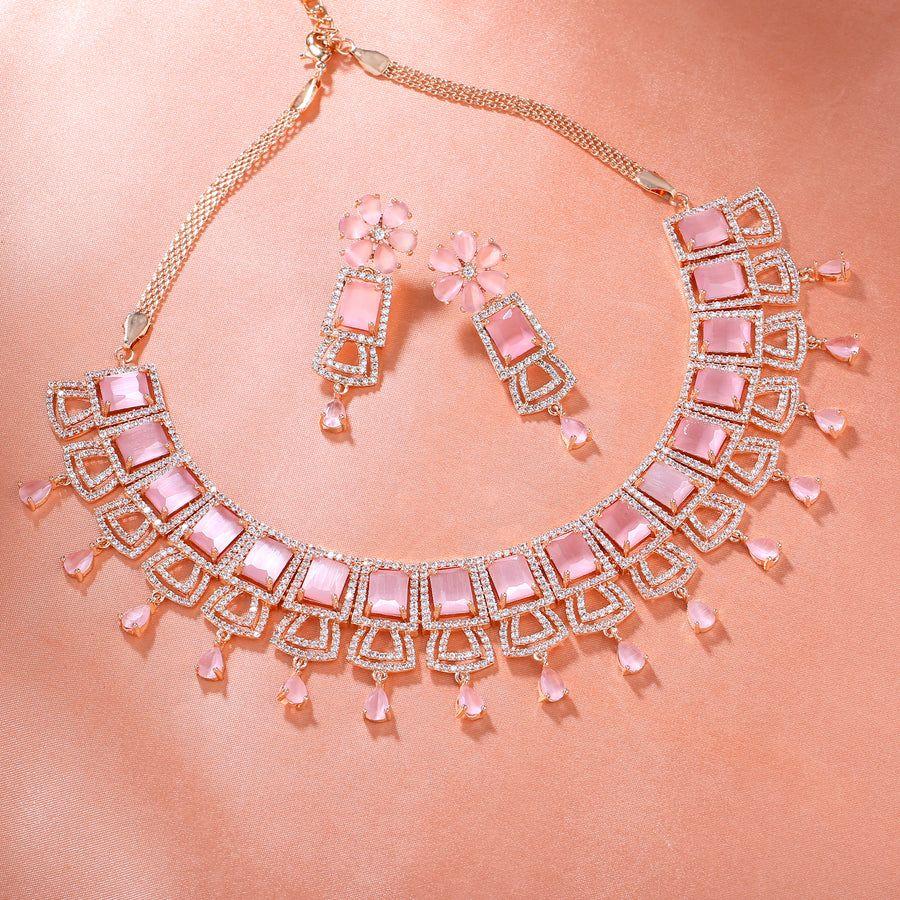 Dulhan Estele Rose Gold Necklace Set with Shimmering Cubic Zirconia and Mint Pink Stones for Women