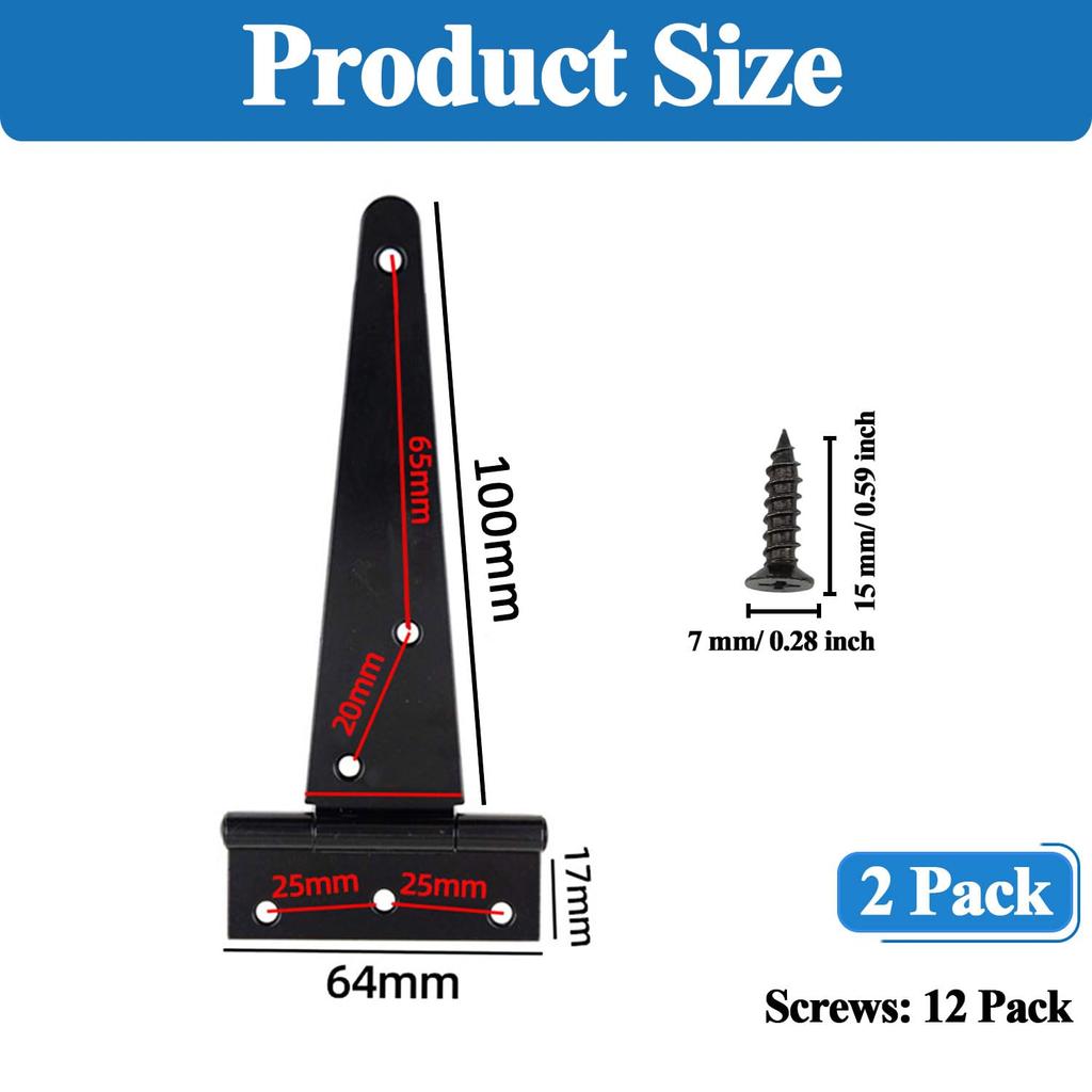 Wopanxye 2pcs 100mm Load Capacity Hinges, Black T Shape Silent Epoxy Coated Wrought Iron