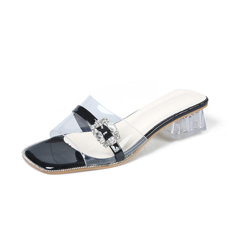 Women's New Summer Wear Rhinestone Open-toe Transparent One-word Cool Drag Square Toe Open-toe Crystal Block Heel Pumps