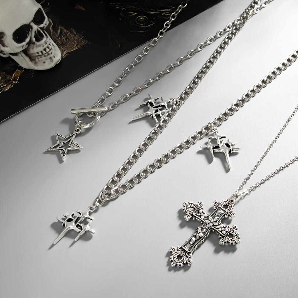 Hip Hop Style Cross Pentagram Pendant Necklace, Personality Shining Star Chain Collarbone Chain