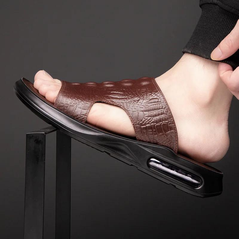 Summer New Shoes for Men Genuine Leather Men Sandals Crocodile Print Casual Slipper Air Cushion Flip Flops Cool Beach Shoes Man