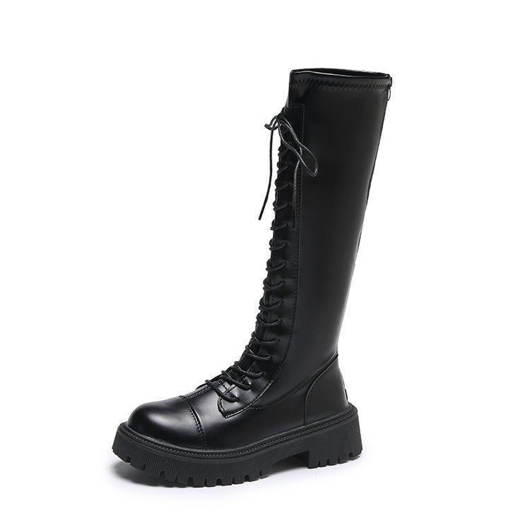 thick-soled knight boots for women, long British Martin boots, small lace-up thin boots for women