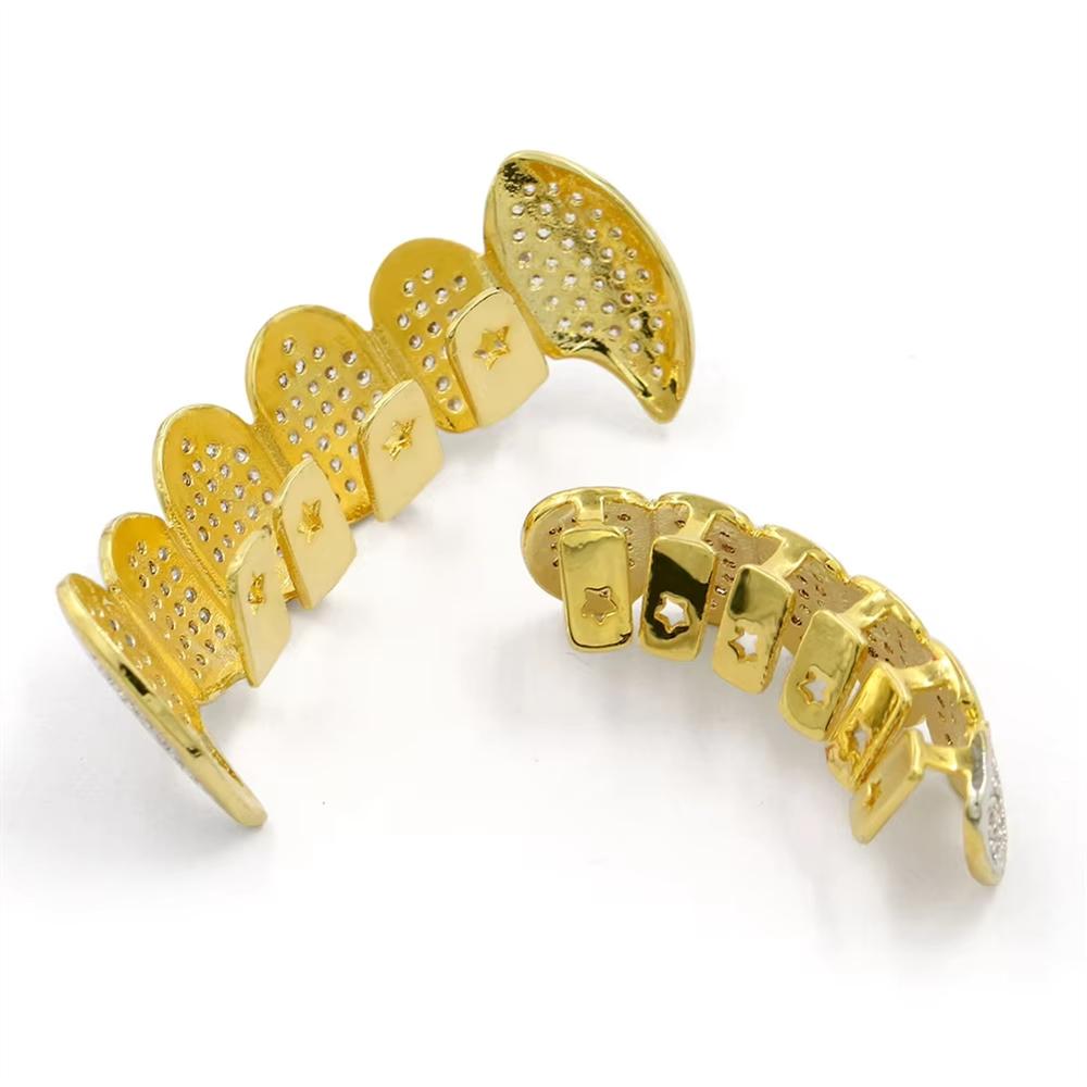 Hop Inset Zircon Teeth Fangs Brass Grillz Top Bottom As Body Jewelry