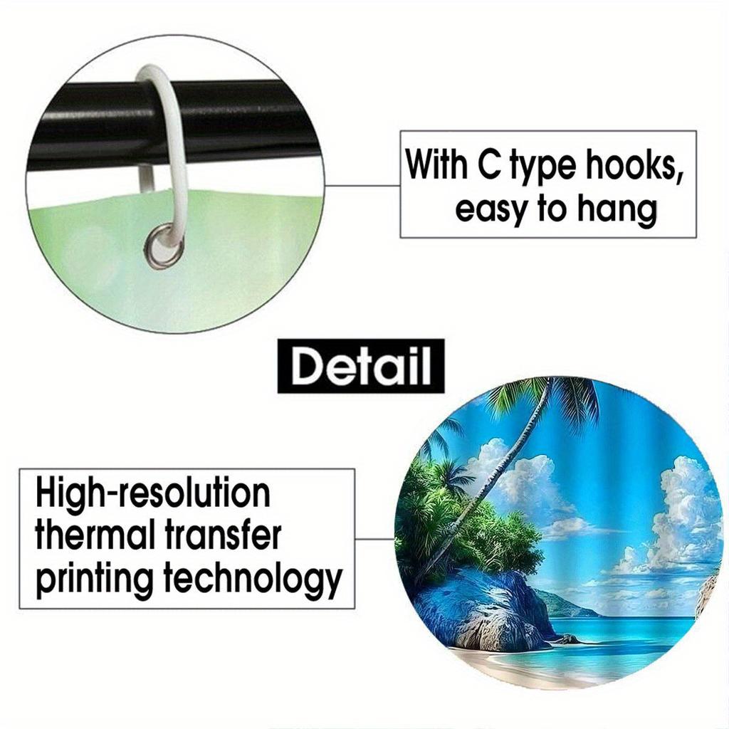 1pc Shower Curtain - Tropical Beach with Palm Trees and Rocky Cliffs Design Waterproof
