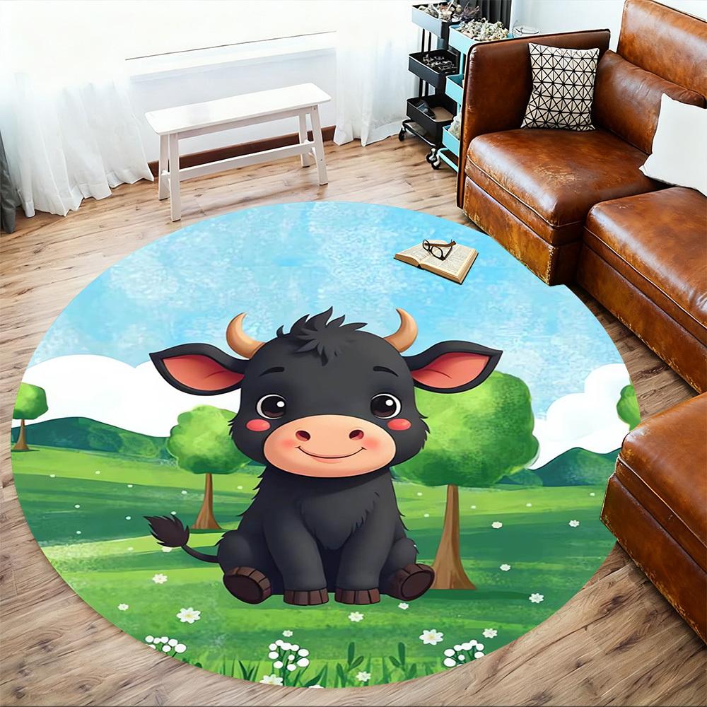 1pc Cow-Pastoral Scene Round Chair mat Area Rug - Non-Slip, Floor Mat for Office, Bedroom, home decor Christmas Gift p0811425