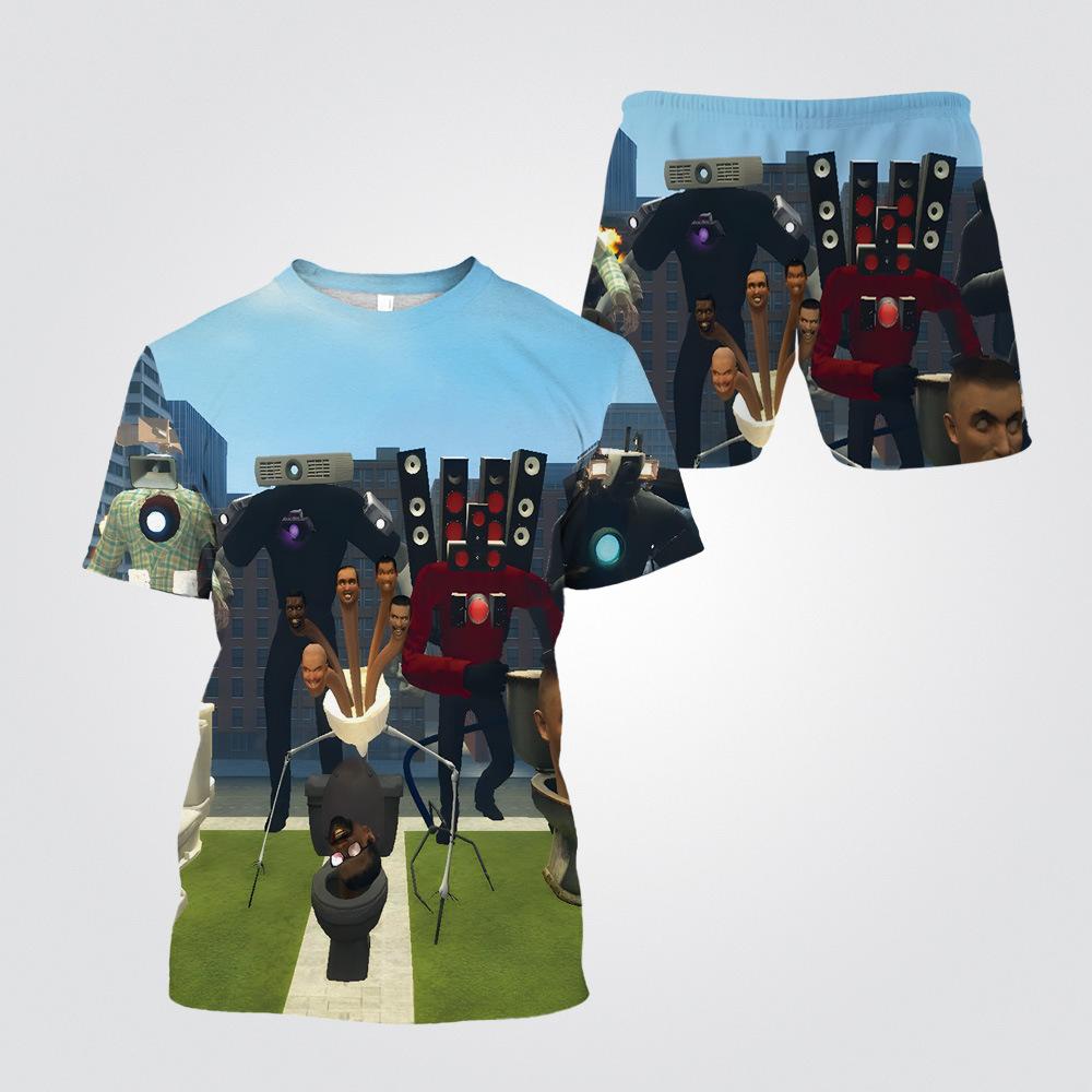 Summer Round Neck 3D Cartoon Toilet Person Vs. Monitoring Person Printed Set Fashionable and Casual Short Sleeved Shorts Children's Boy Clothing Sets
