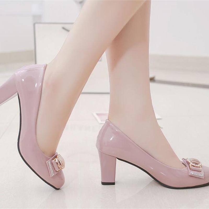 Fashion New Style Low-top Women's Shoes Soft Leather High-heeled Boots Thick Platform Drill Bow Work Leather Shoes Party Wedding Shoes