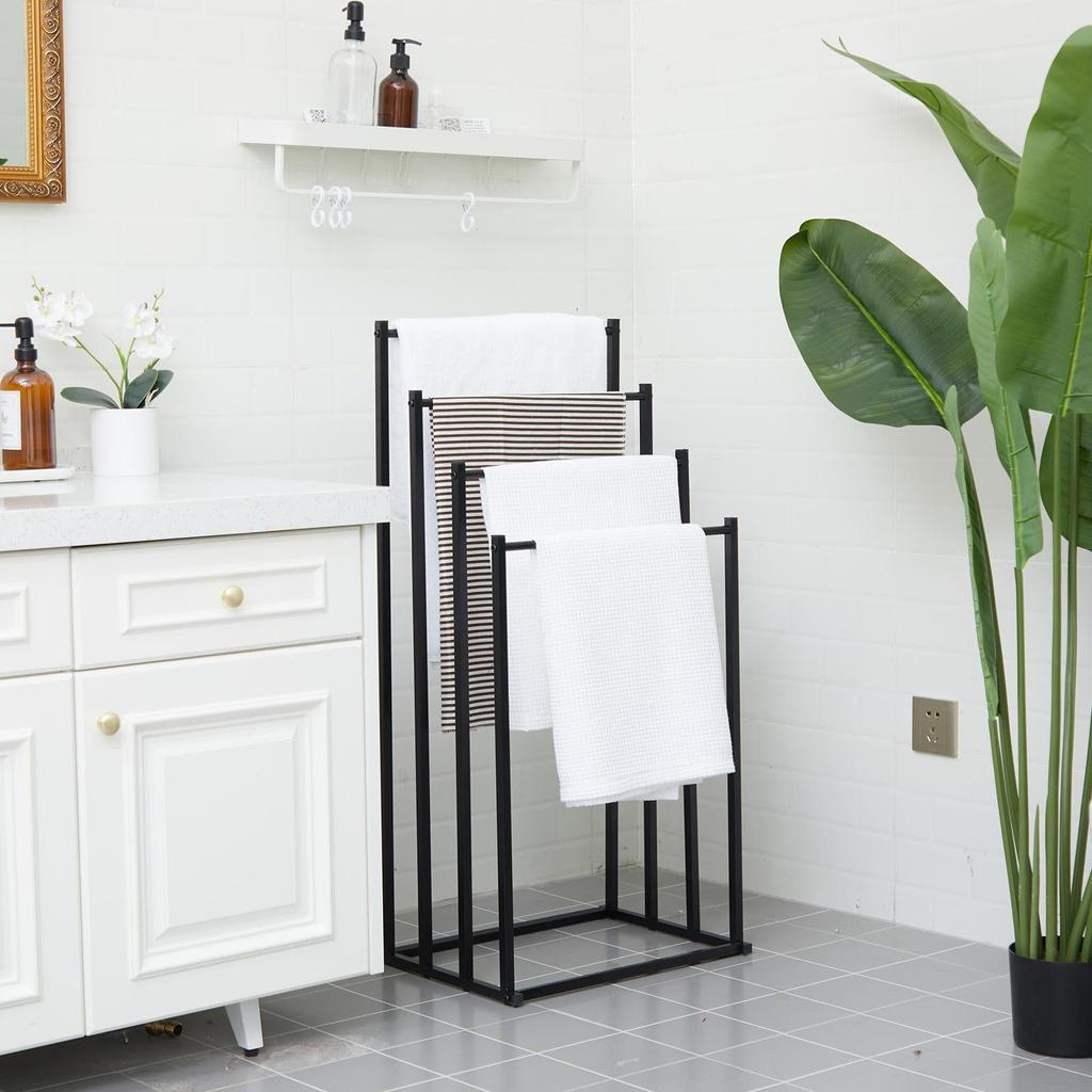 Floor-Standing Metal Towel Rack with No-Drill Multi-Layer Storage for Bathroom, Bedroom, or Balcony