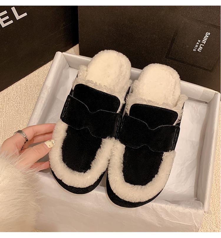 

2025 осень и зима европейская станция первый слой коровьей кожи теплые уличные для отдыха теплые на плоской подошве повседневные ленивые тапочки для ношения на улице женские 39 чёрный