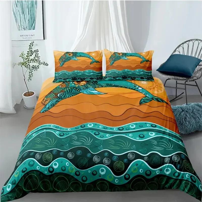Comforter Ocean Dolphin Bedding Set For Kids Adult Boho Style Marine Themed Microfiber Sea Creatures Bedroom Decor