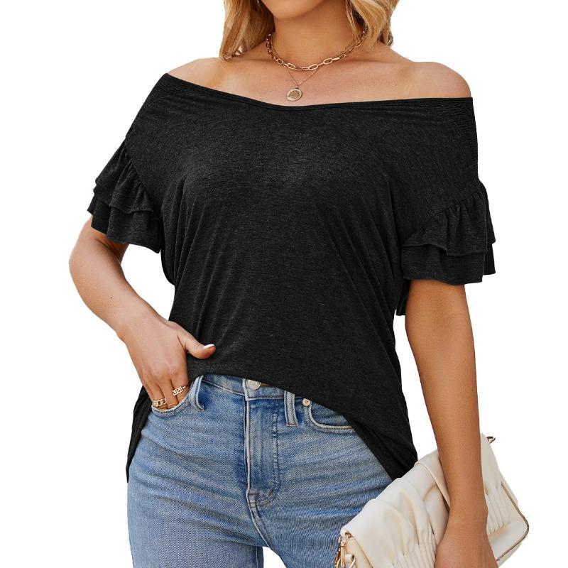 Damen Sommer Einfarbig V-Ausschnitt Ein-Schulter Kurzarm Locker T-Shirt Top