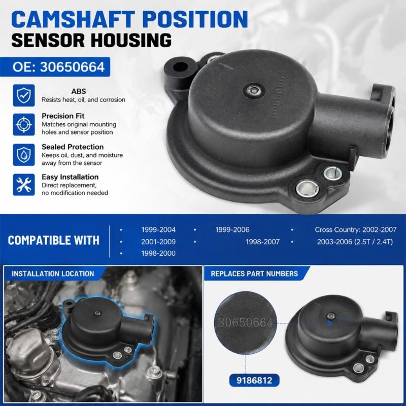 Housing-Only Camshaft Position Sensor Cover, Part Number 30650664, with ABS Construction and Multiple Metal-Insert Mounting Locations 9186812 for C70