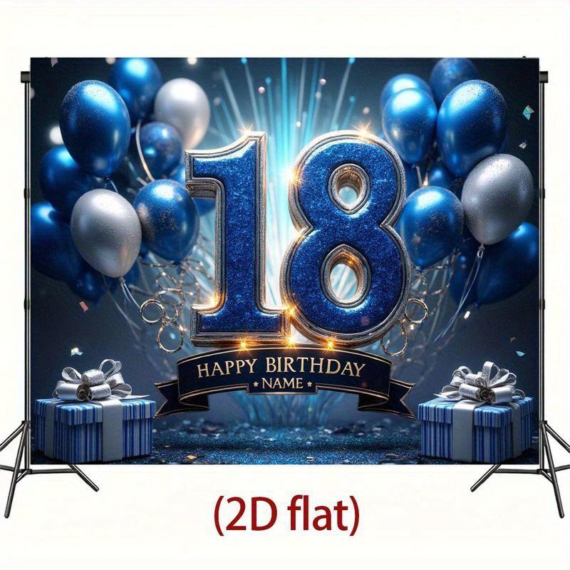 Flat 2D Design, 18th Birthday Decoration Set (for Men) - Shiny Digital 18 Balloon, Happy Birthday Banner, Party Supplies