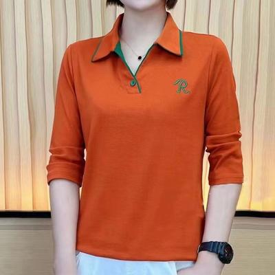 T-shirt bas pour femmes grande taille ample automne manches longues pour femmes avec col polo brodé chemise pour mère d'âge moyen