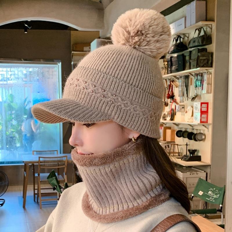 Rabbit Fur Blend Hat Scarf Fleece Warm Duck Tongue Wool Hat Women's Outdoor Wind and Cold Scarf Cover Knitted Hat