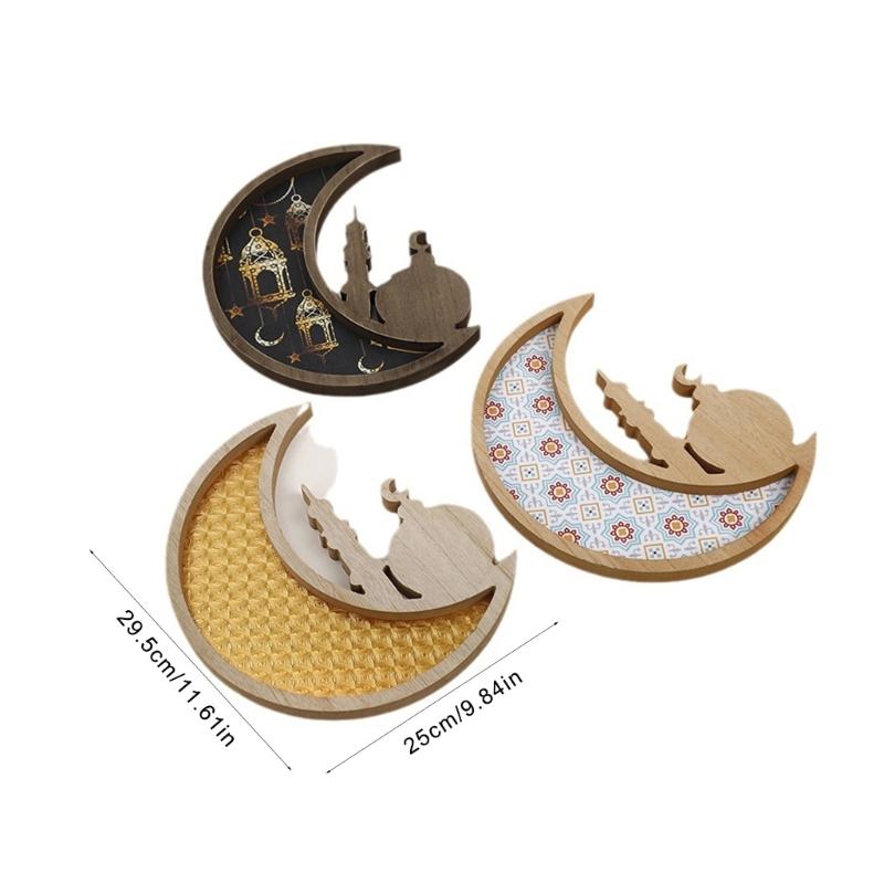 Eid Moon Tray Food Serving Plate Eid Decorations Festival Decorative Plate Wood Texture for Eid Festival Home Decors