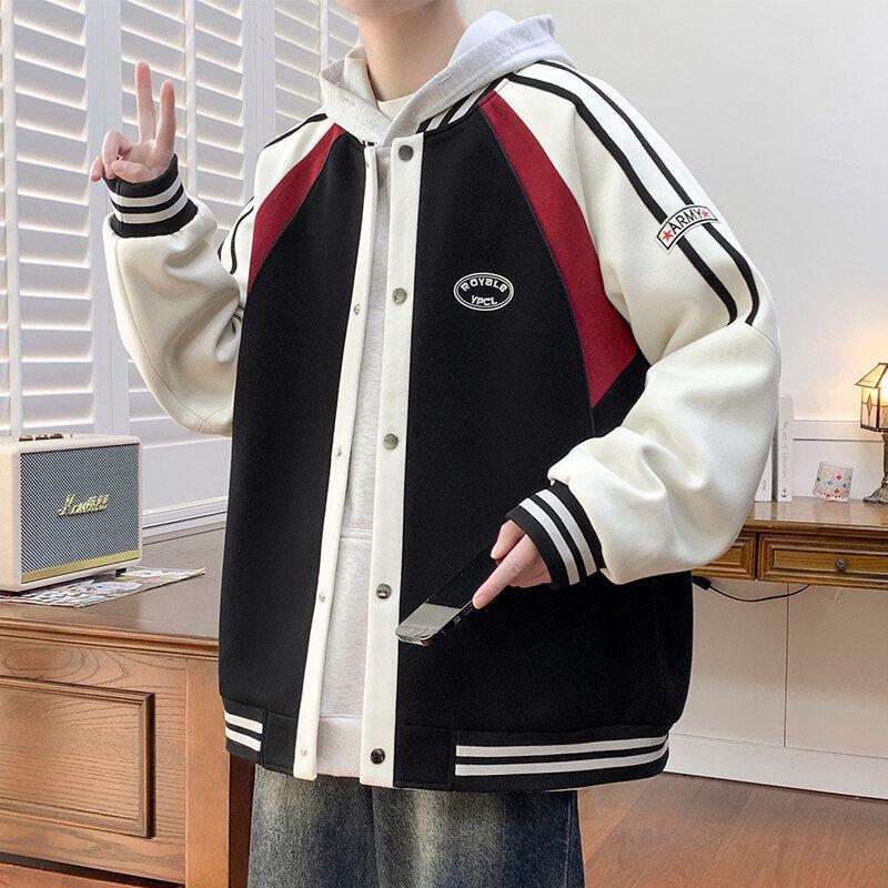Men's Spring/Fall American Baseball Jacket: Trendy Hong Kong Style for Teens with Round Neck and Stylish Print