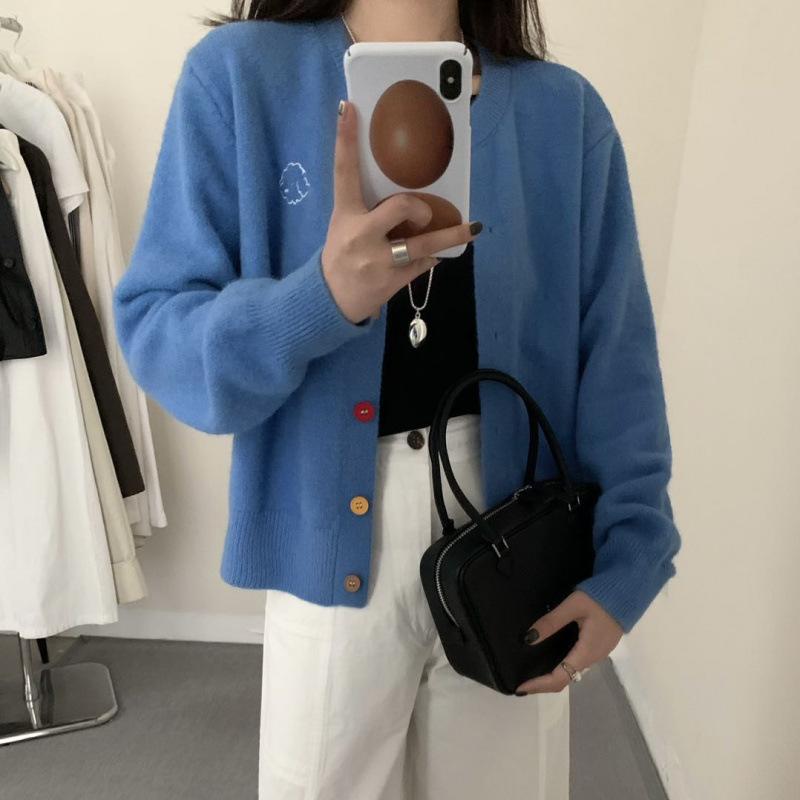 Korean Style Embroidered Puppy Knit Cardigan - Women's Versatile Round Neck Long Sleeve Sweater for Autumn/Winter