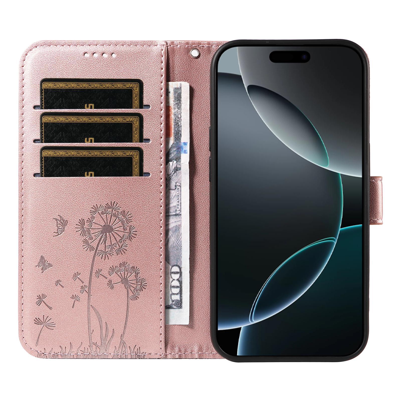

For iPhone 16 Pro Max Leather Case Wallet Phone Cover Dandelion Imprint Rose Gold